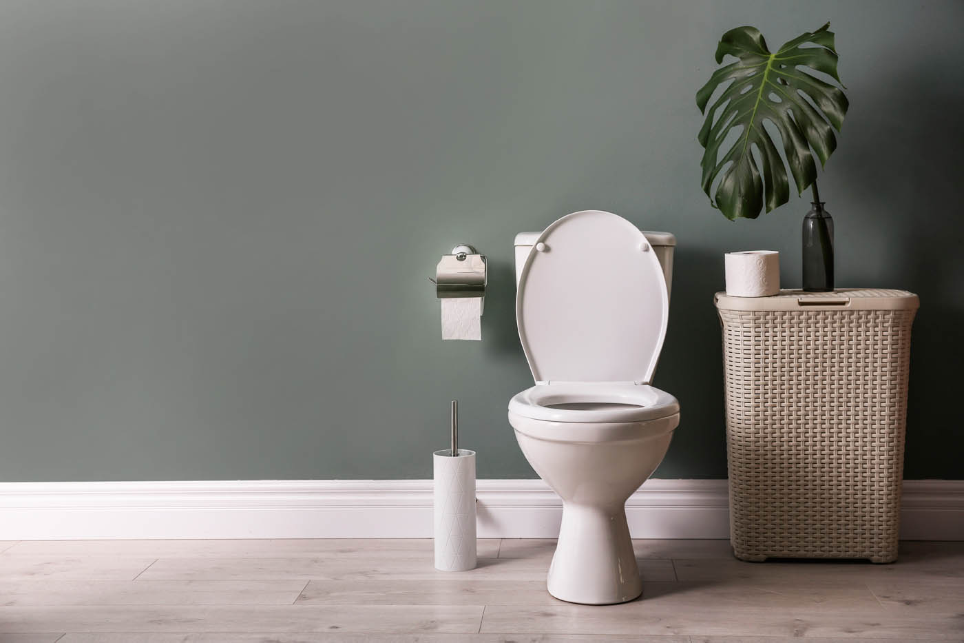 A gray bathroom with a white toilet and a toilet bowl cleaner, contact our experts at WyattWorks today if you are in need of a Ohio & North Carolina 24 hour plumber. 