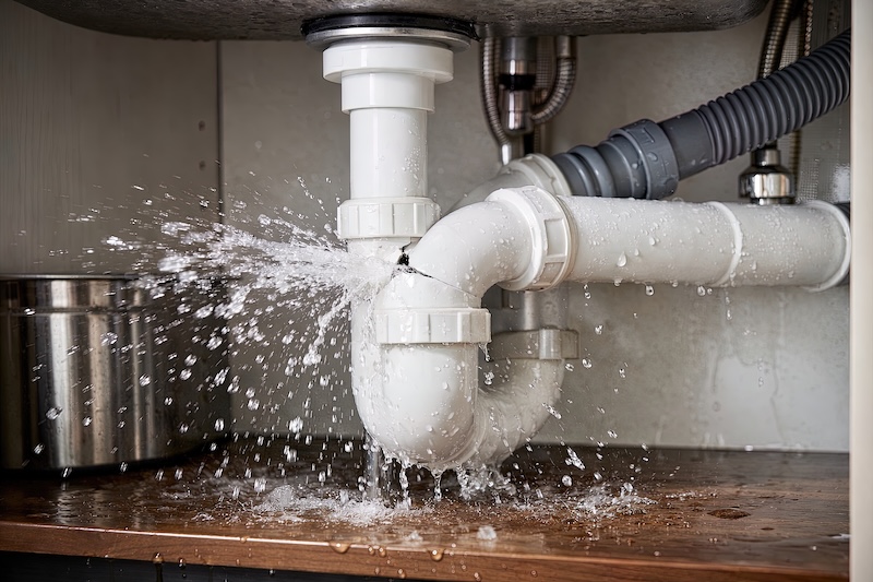 An image of a burst pipe under a bathroom sink - contact WyattWorks, the best emergency plumber in Ohio & North Carolina.